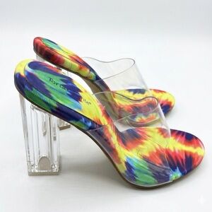 Torta Caliente Rainbow Tie-Dye Mules - Clear Block Heel PVC Lucite Slides Size 8